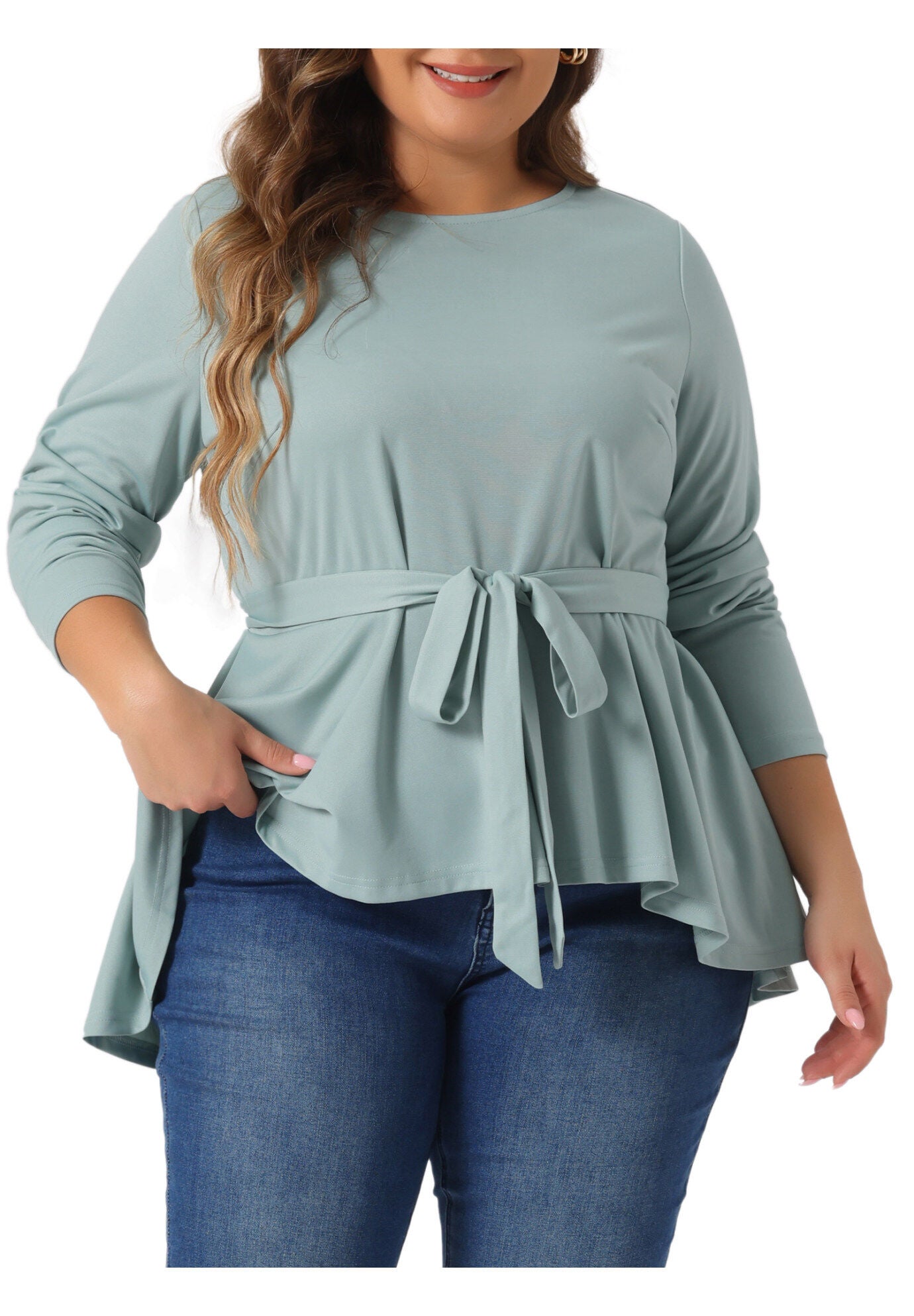 Crew Neck High Low Asymmetrical Irregular Hem Blouse T-Shirt with Belt, Gray Green / Mint, alternate image number 2