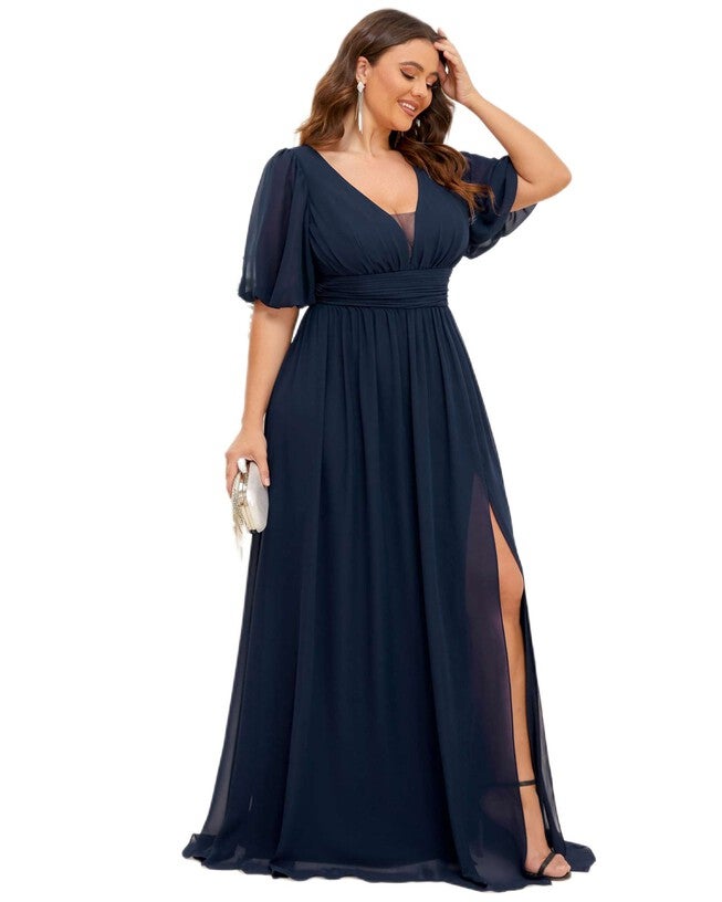 Chiffon Illusion V-Neck Flutter Sleeve Front Slit Evening Dress, , alternate image number 7