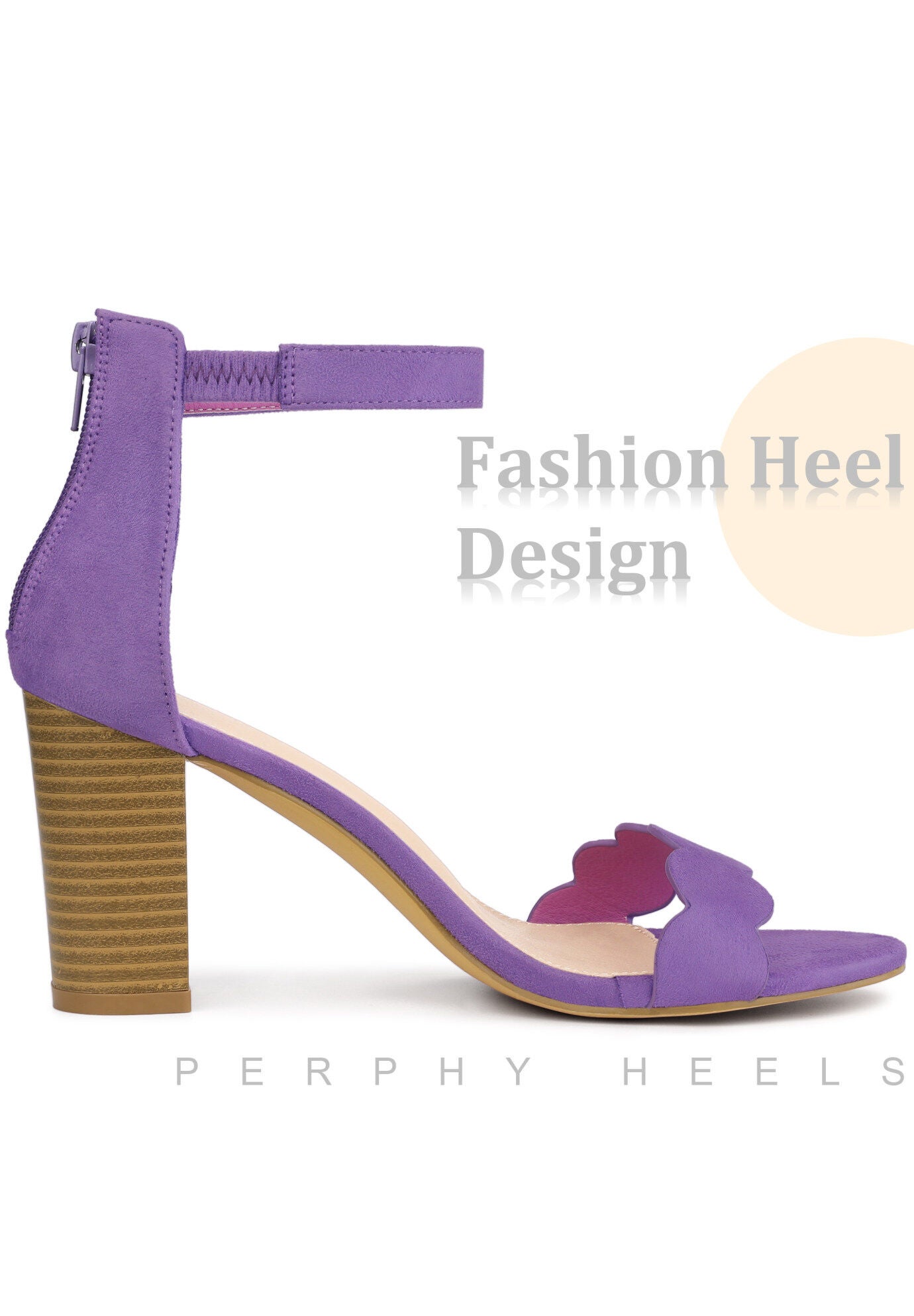 Scalloped Heel Ankle Strap Chunky Heels Sandals, Purple / Purple, alternate image number 1