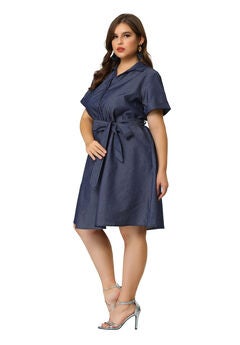 Buttons Belted Short Sleeves Chambray Dress