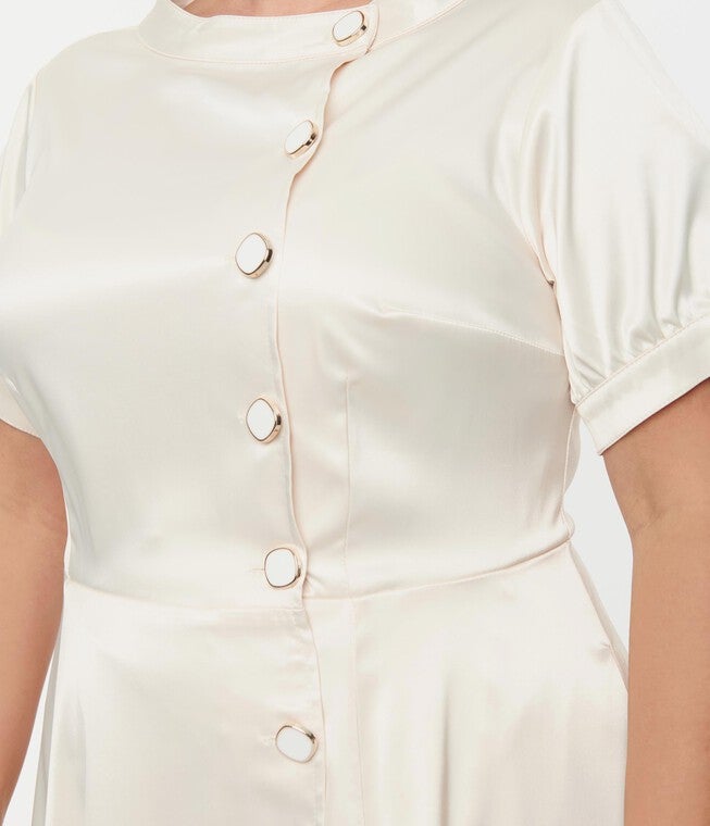 Unique Vintage Ivory Satin Button Bridal Swing Dress, White / Ivory, alternate image number 1