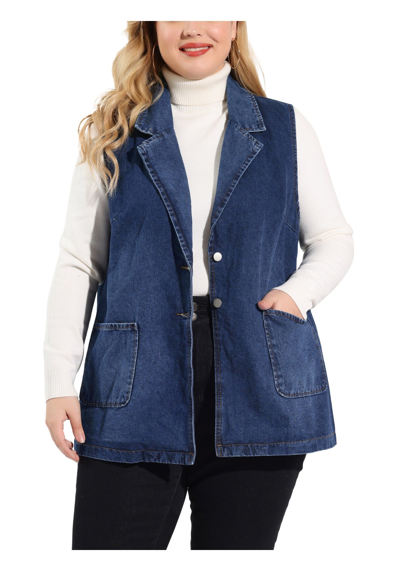 SLEEVELESS LAPEL LONG JEAN DENIM TUNIC VEST, Dark Blue / Navy, alternate image number 2
