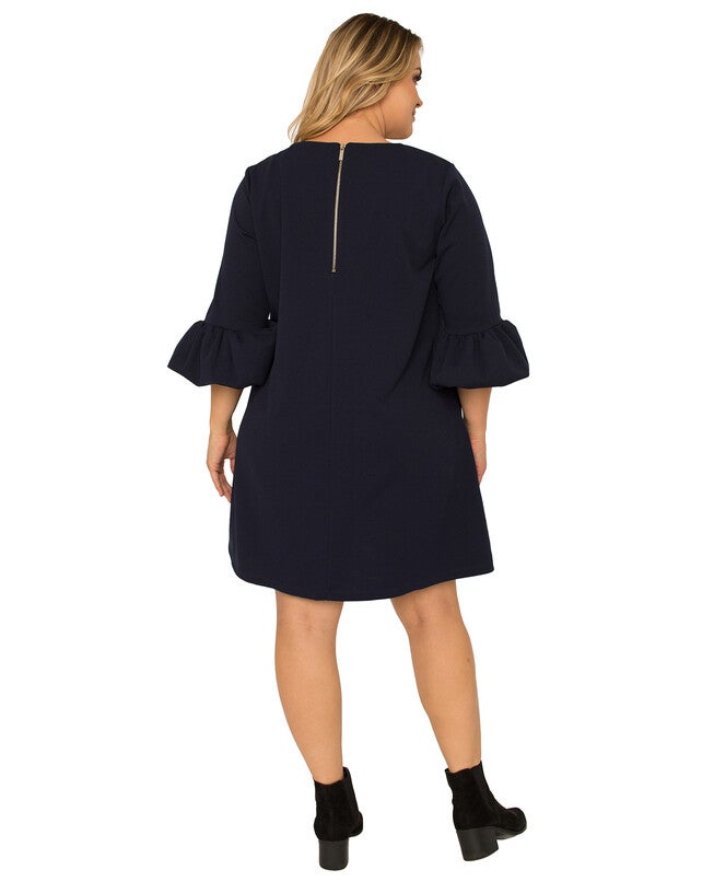 Plus Size Women's Crepe Knit 3/4 Balloon Sleeves Midi Shift Dress, Navy / Navy, alternate image number 3