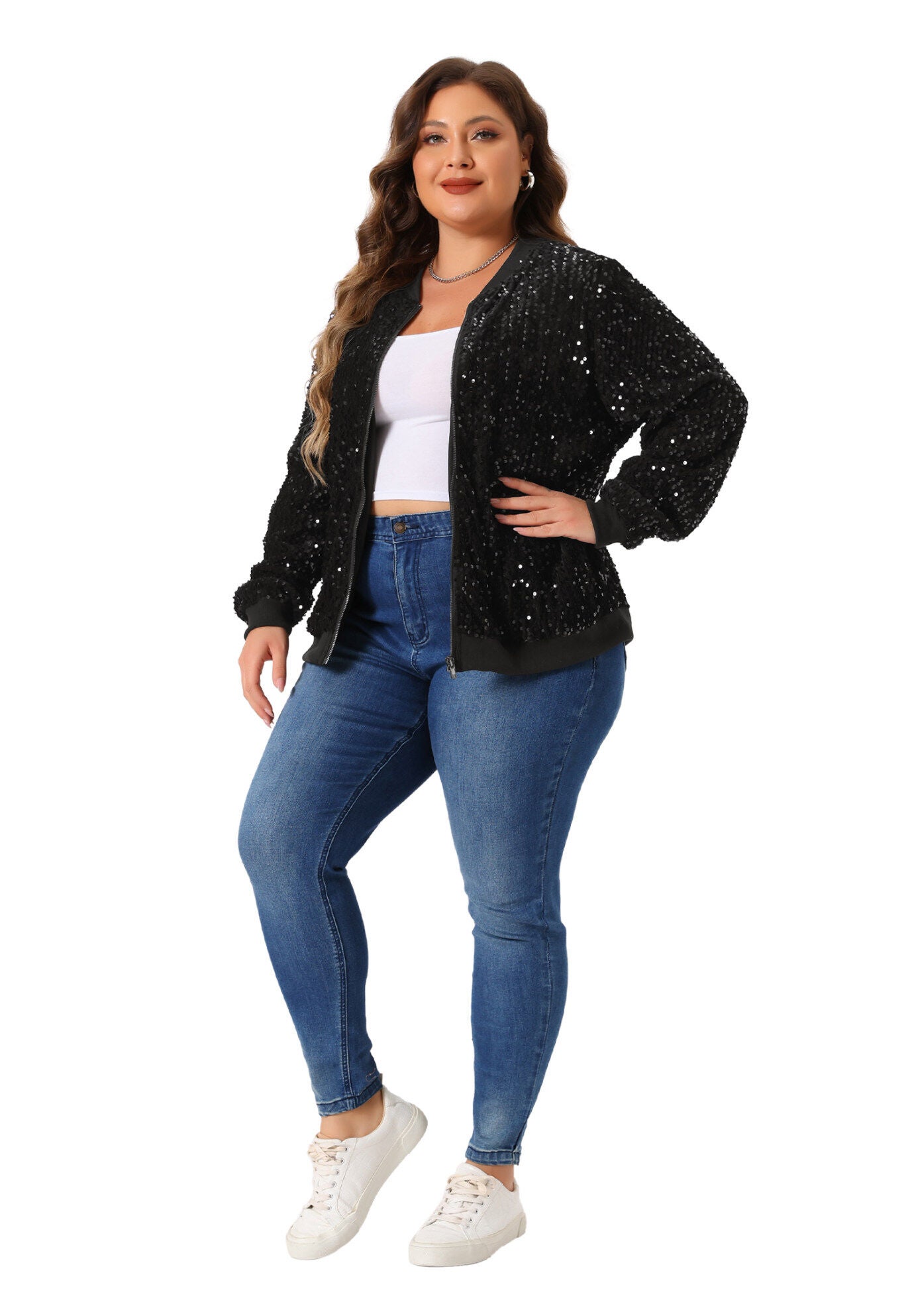 SEQUIN SPARKLE FRONT ZIP BOMBER JACKET, Black / Black, hi-res image number 0