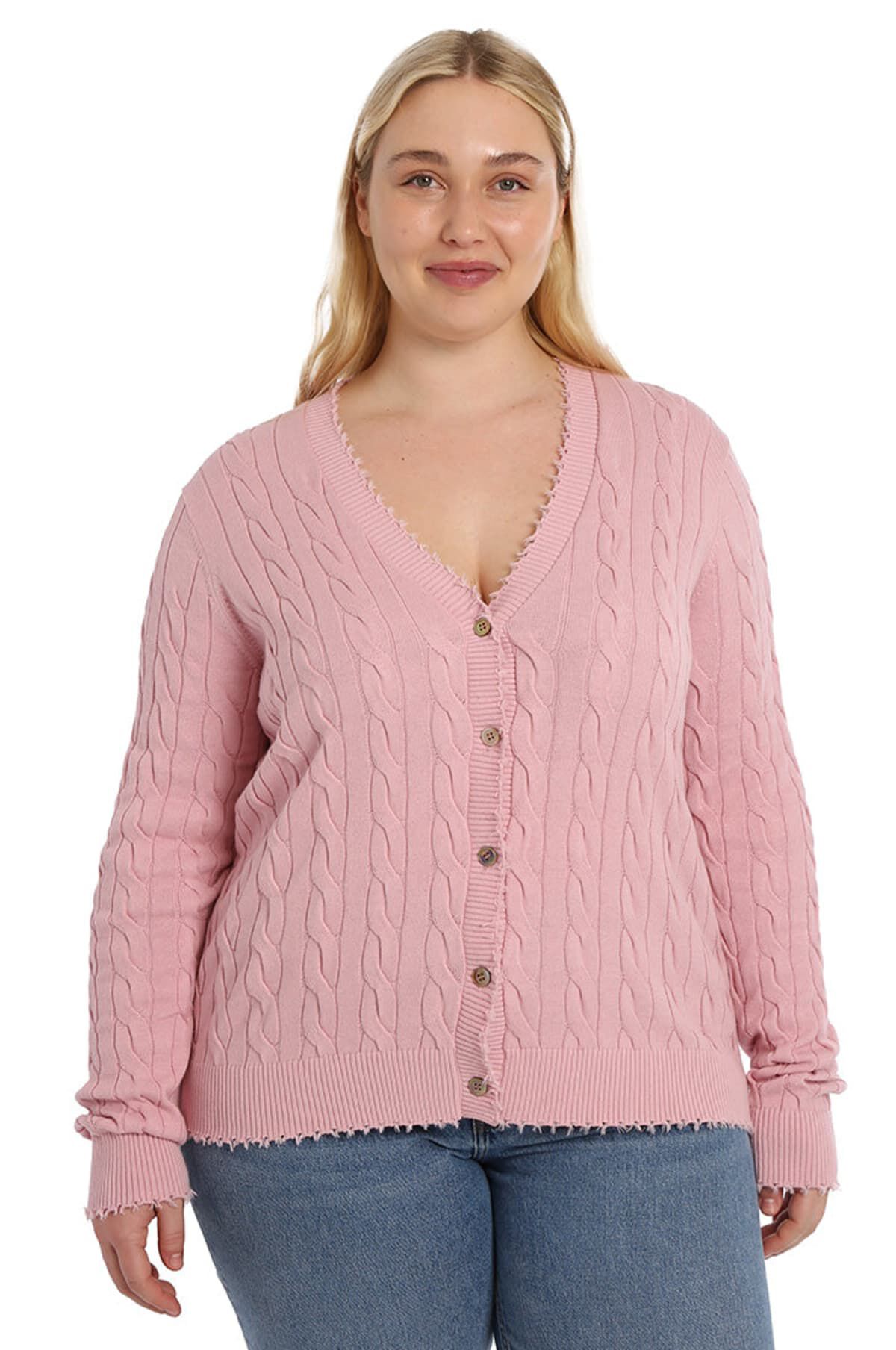 Cotton frayed edge cable cardigan, Pink Pearl / Pink, hi-res image number 0