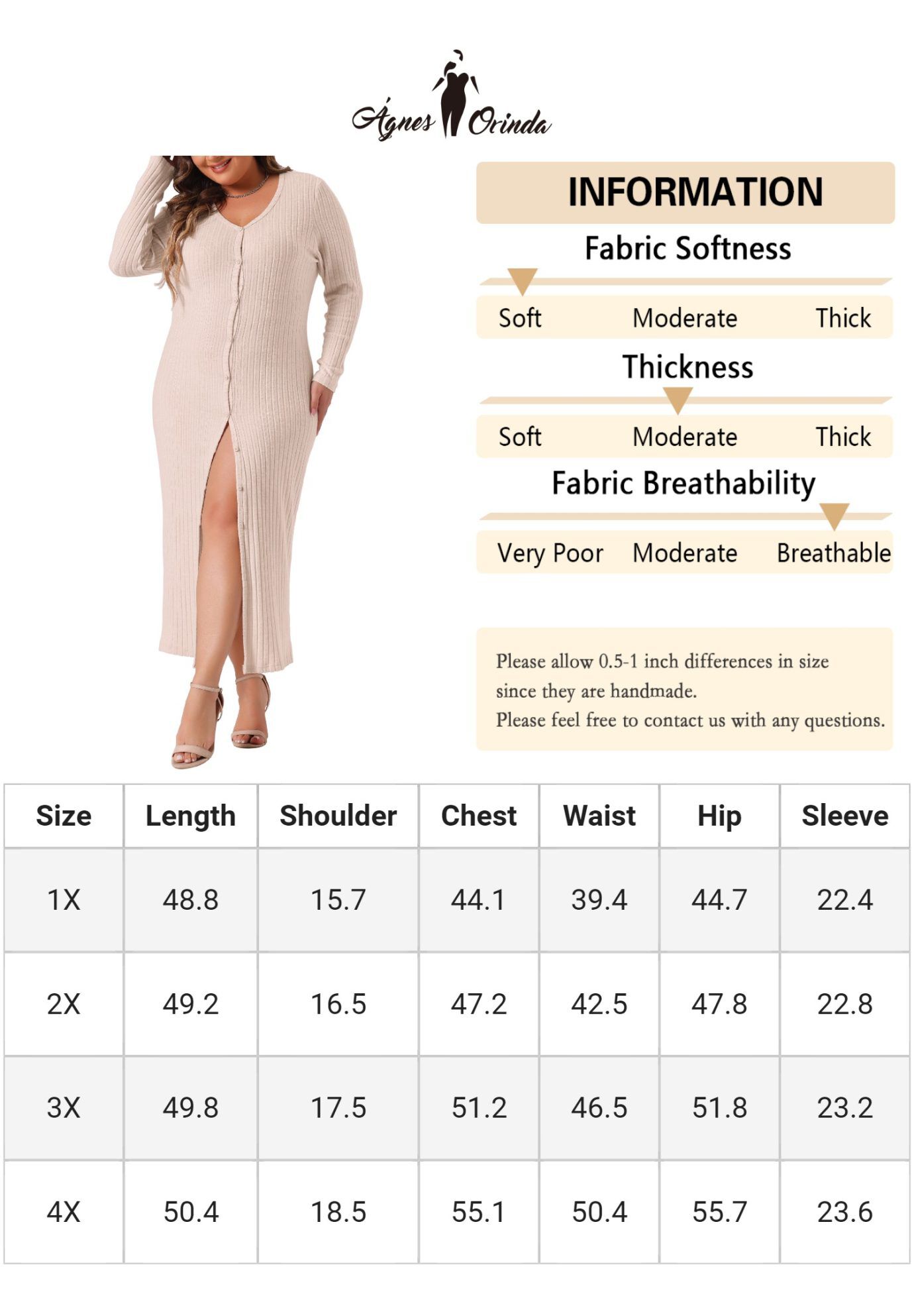 V Neck Long Sleeve Ribbed Knit Button Down Bodycon Dress, Apricot / Cream, alternate image number 2