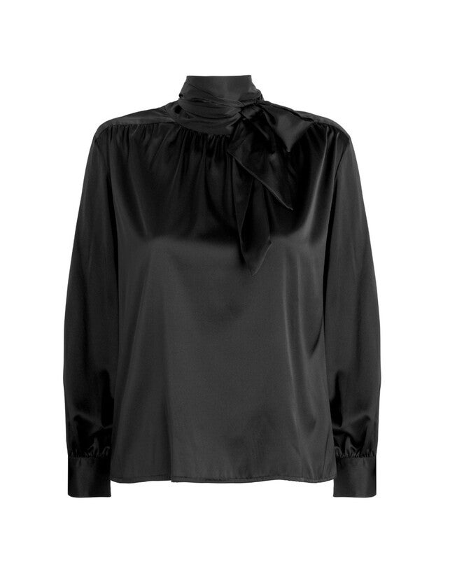 Tie Neck Blouse in Black Silk, Black / Black, hi-res image number null