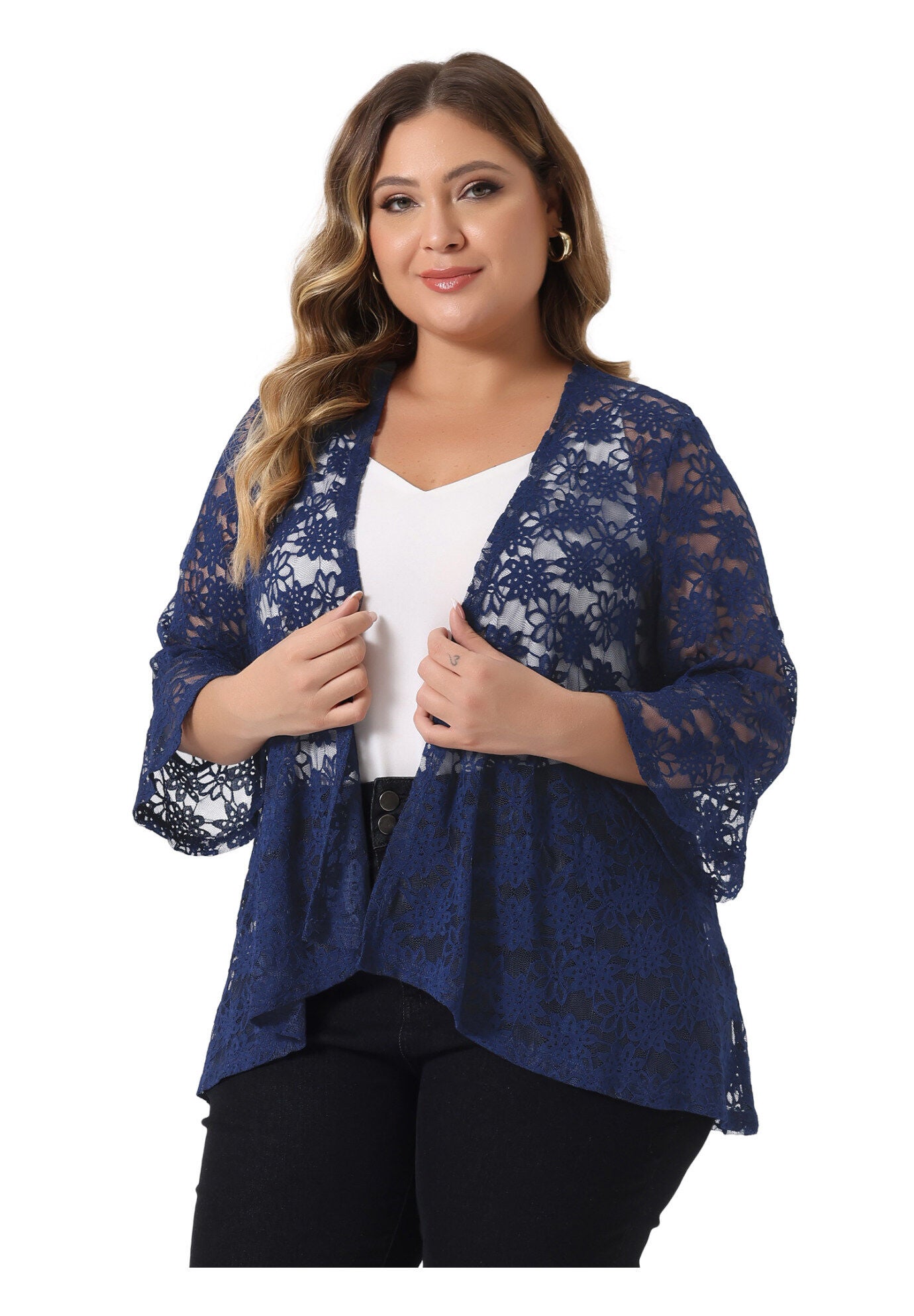 OPEN FRONT 3/4 BELL SLEEVE SHEER LIGHTWEIGHT LACE COVER UP CARDIGAN, Blue / Navy, alternate image number 1