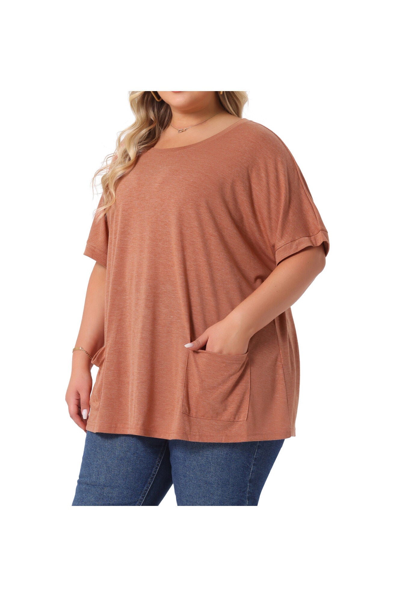 Short Sleeve Top Loose Fit Summer T-Shirt with Pocket, Brick Red / Terracotta, alternate image number 1