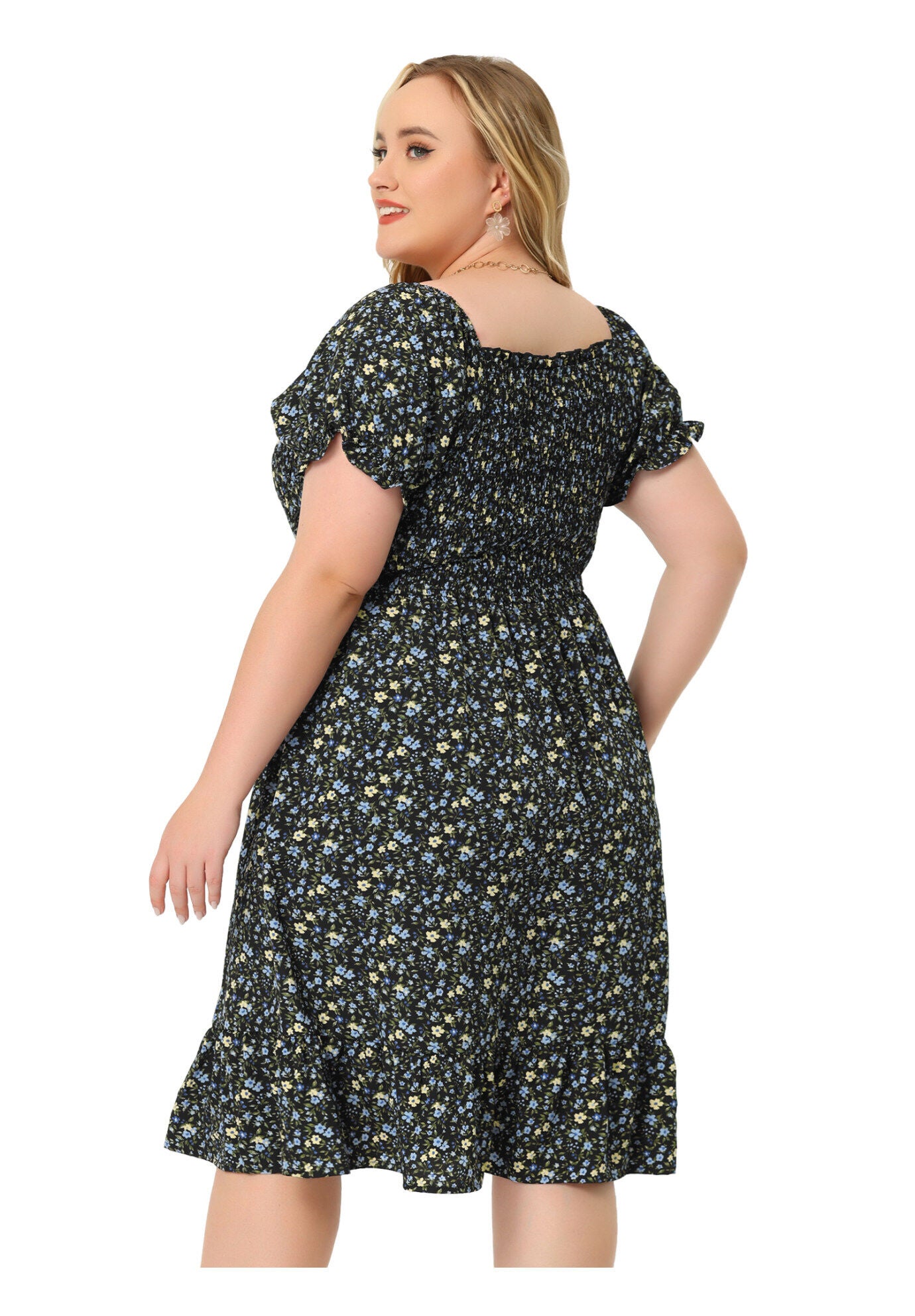 Ruffle Short Sleeve Flared Flowy Smock Floral Print Dress, Black / Black, alternate image number 4