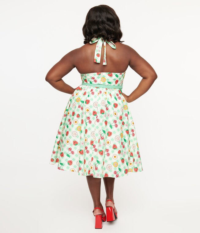 UNIQUE VINTAGE 1950S GREEN GINGHAM SPOOKY FRUIT PRINT HALTER SWING DRESS, Green Gingham Spooky Fruit Print / Light Green, alternate image number null