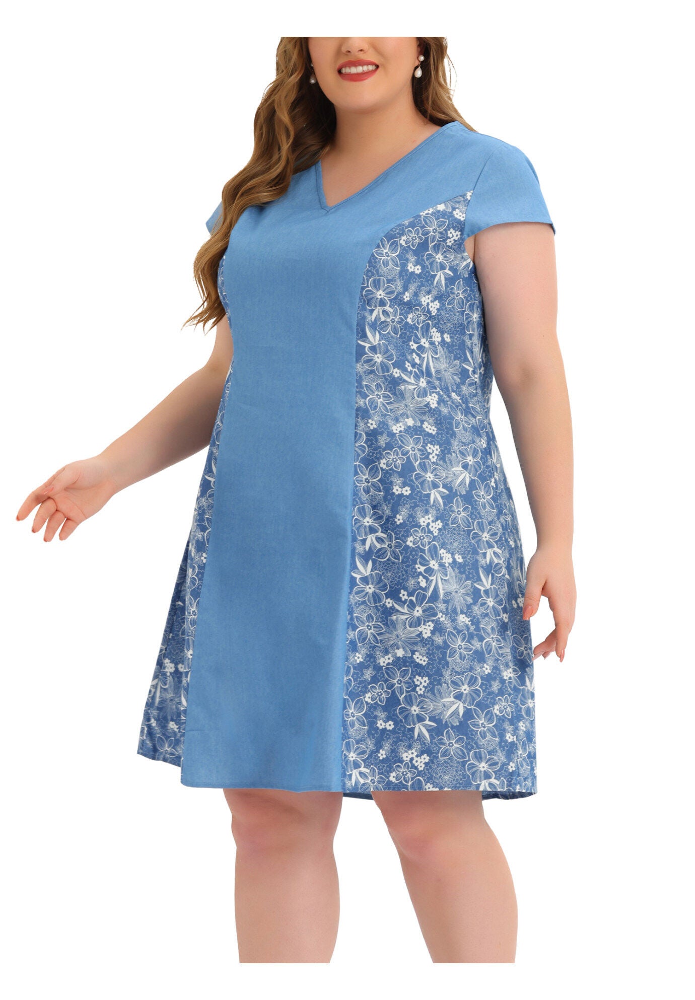 Chambray Cap Sleeve V Neck Floral Print Midi Dresses, Blue / Light Blue, alternate image number 1