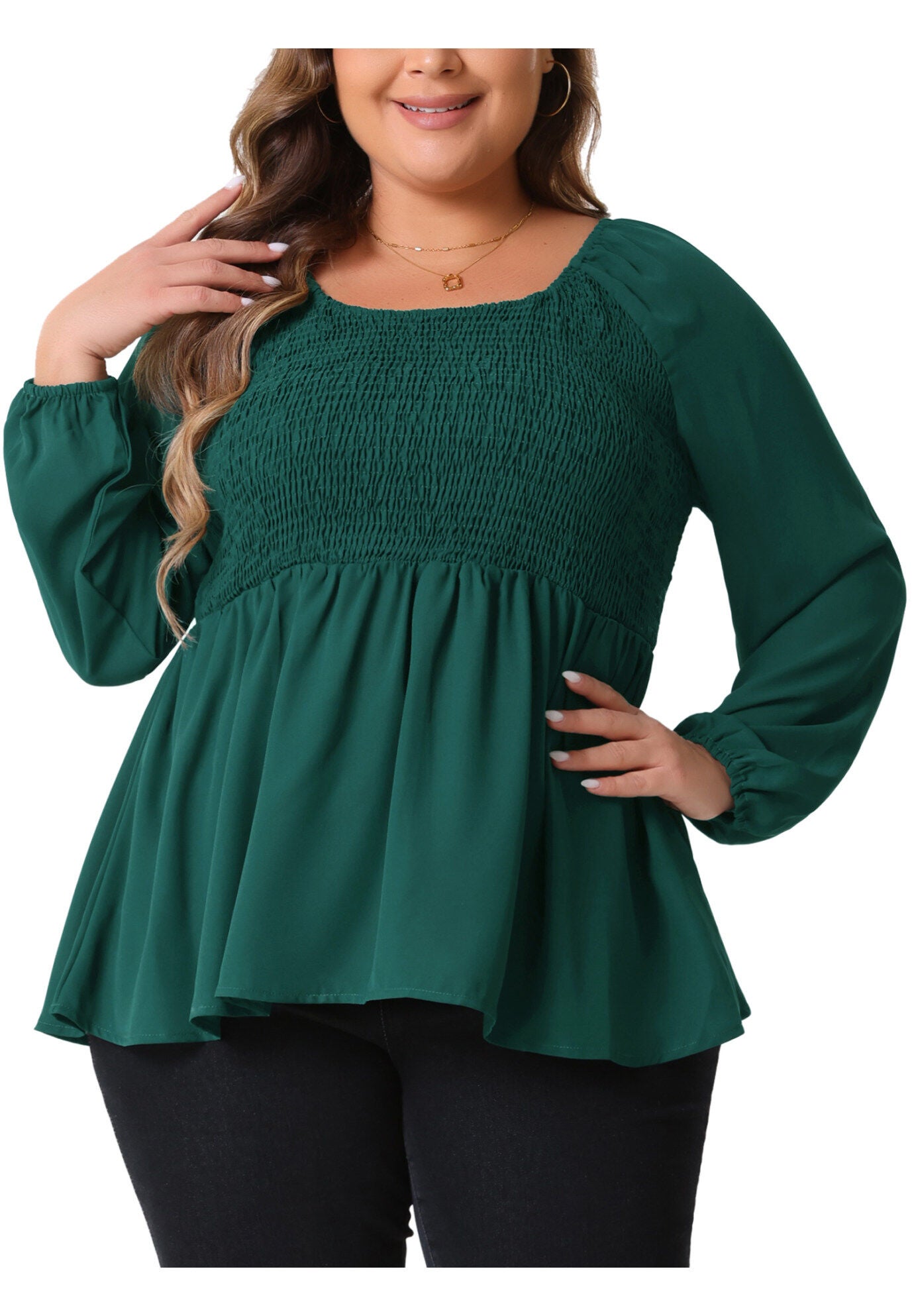 Smocked Peplum Crew Neck Long Sleeve Babydoll Chiffon Shirt Top, Green / Hunter Green, alternate image number 1