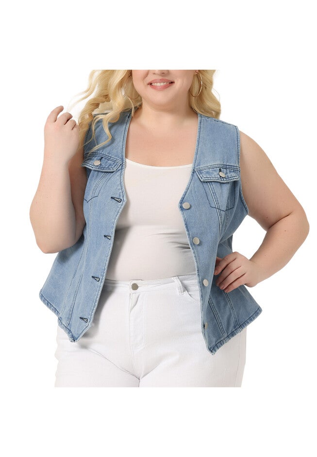 V NECK SLEEVELESS UTILITY JEAN DENIM VEST, Light Blue / Light Blue, alternate image number 1