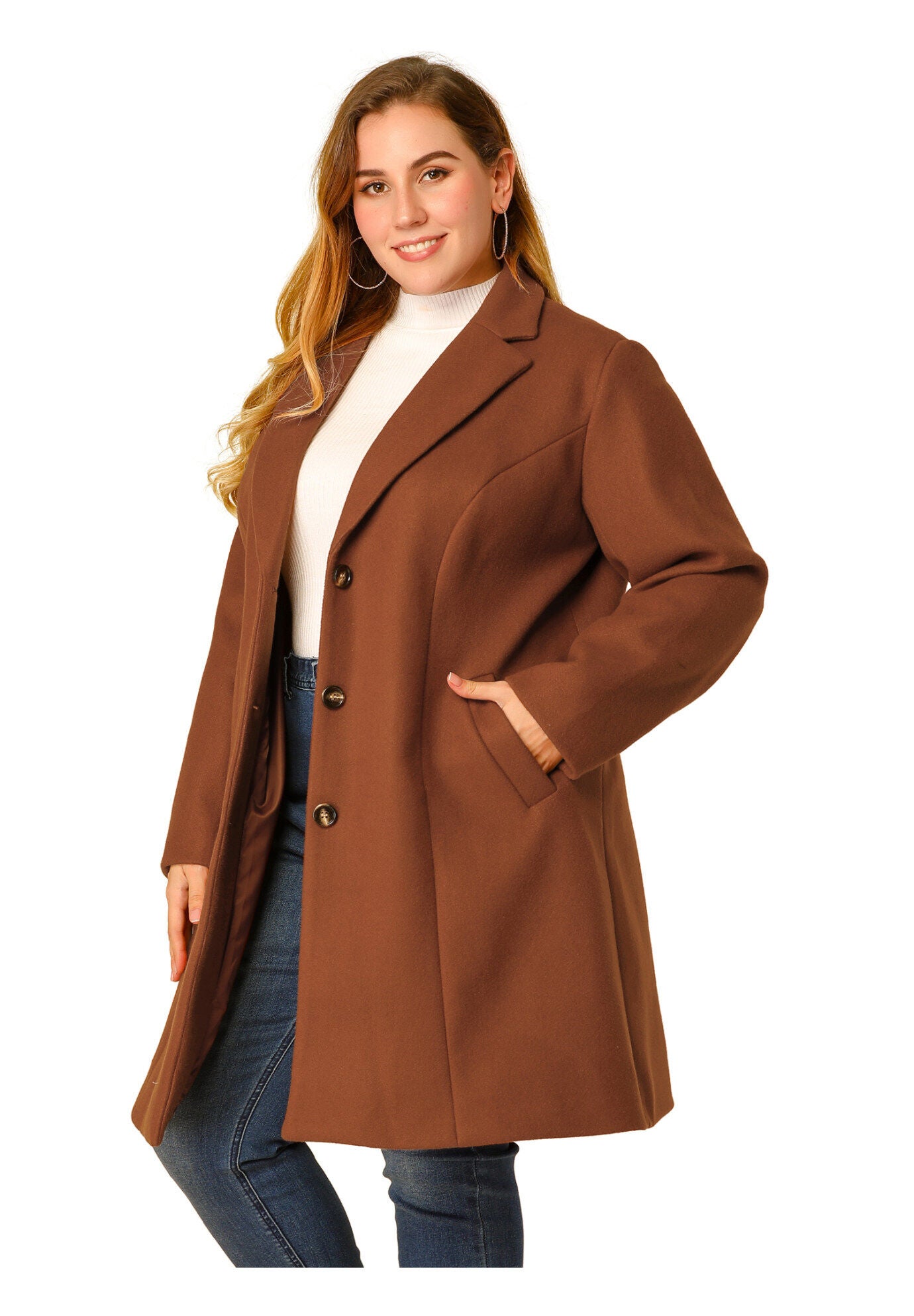 SINGLE BREASTED NOTCHED LAPEL LONG WINTER COAT, Brown / Brown, alternate image number 2