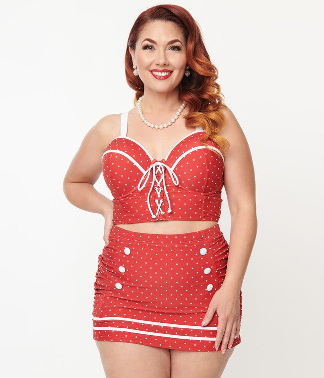 Unique Vintage Red & White Pin Dot Sailor Swim Bottom, RedWhite Pin Dot / Red, hi-res image number 0