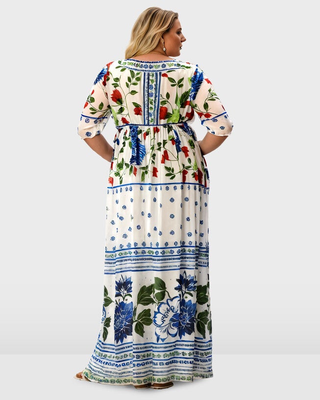 Floral Bird Print Georgette Drawstring Dress, Multi / White, alternate image number null