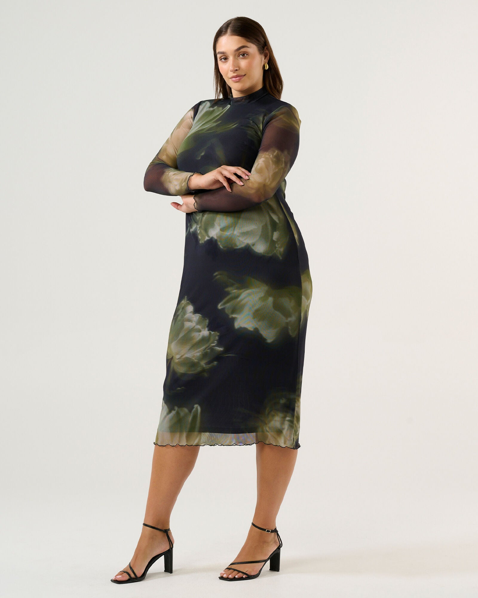 Peace Lily Floral Bodycon Long Sleeve Mesh Dress, BlackMoss / Black, alternate image number 2