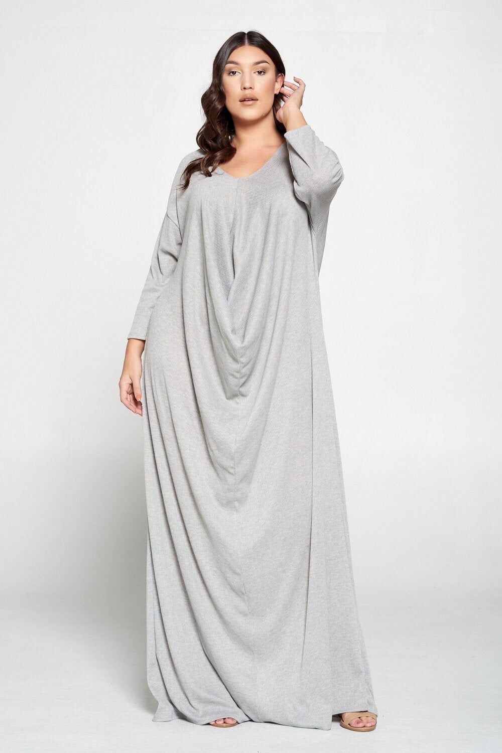 RIBBED LONG SLEEVE DRAPED CONTEMPORARY DRESS, Light Grey Rib / Cool Gray, hi-res image number 0