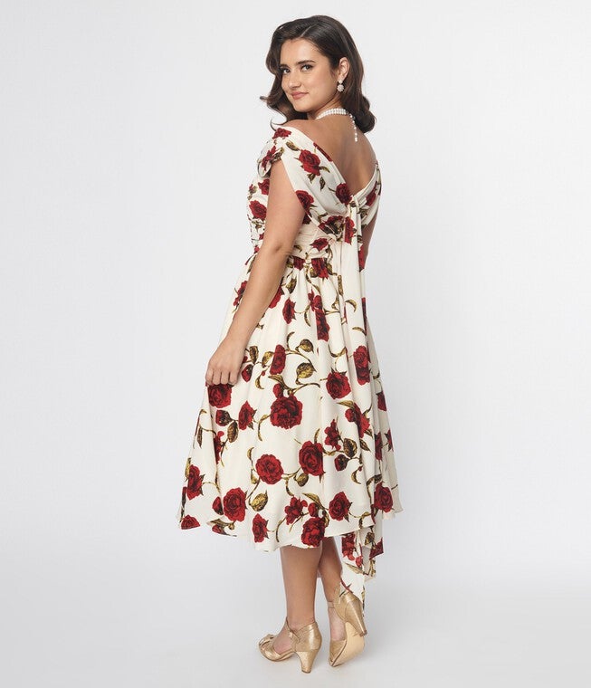 Unique Vintage White & Red Roses Off The Shoulder Tea Length Dress, White Red Roses / White, alternate image number null