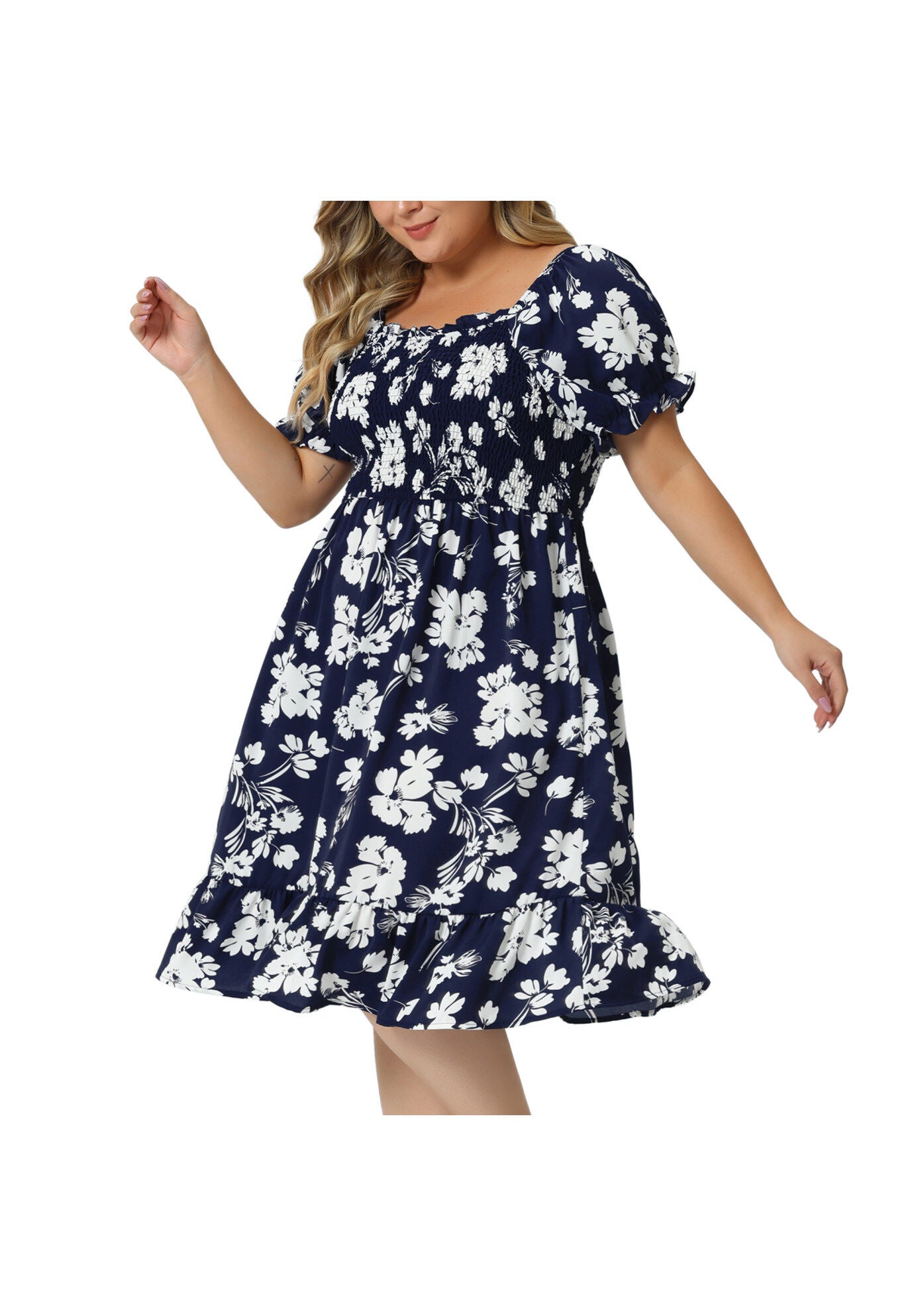 Ruffle Short Sleeve Flared Flowy Smock Floral Print Dress, Navy Blue / Navy, alternate image number 1