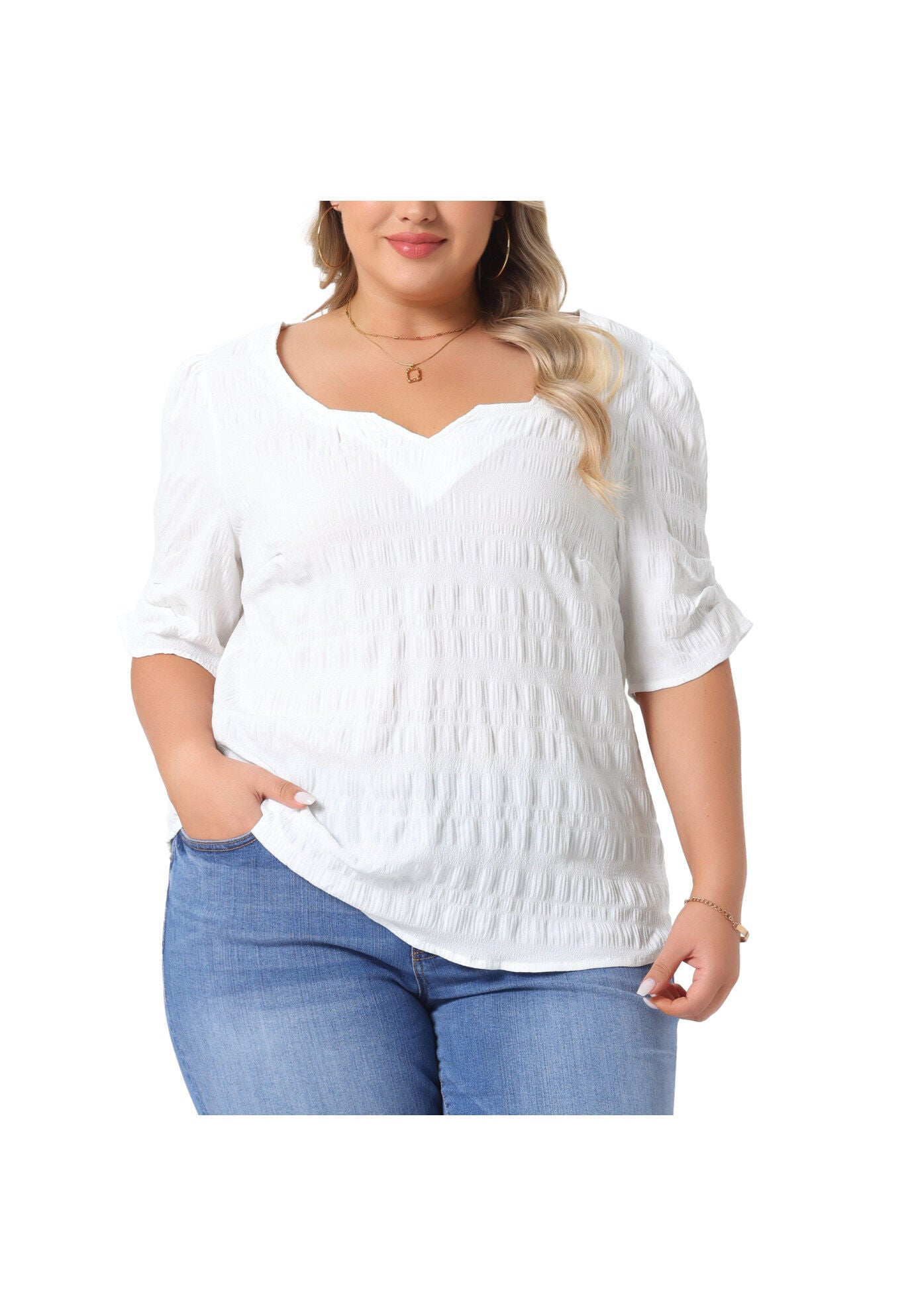 Pleated Notched Short Sleeve Casual Blouse, White / White, alternate image number 3