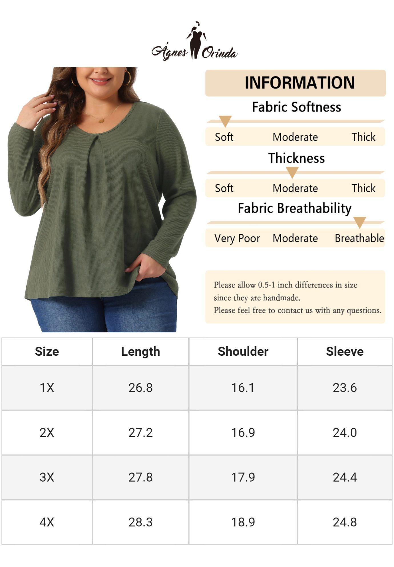 Crew Neck Pleat Front Long Sleeve Waffle Knit Blouse Shirt, Army Green / Olive Green, alternate image number 4