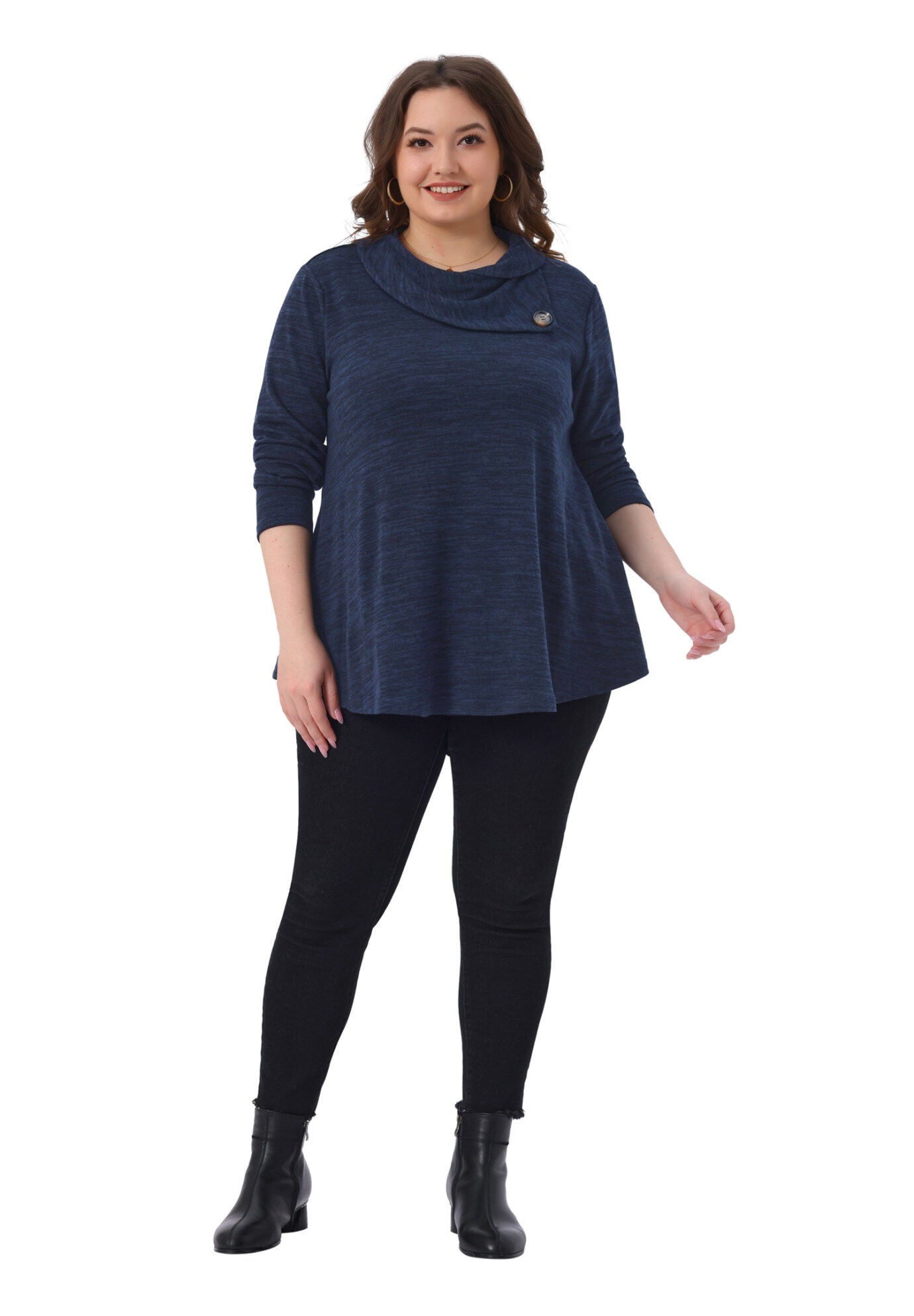 Cowl Neck Casual Loose Tunic Tops with Pockets, Dark Blue / Navy, hi-res image number 0