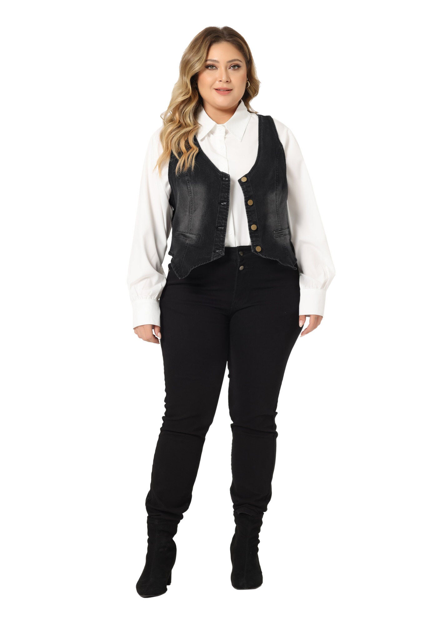 BUTTON DOWN SLEEVELESS JEAN WAISTCOAT VEST, Black / Black, hi-res image number 0