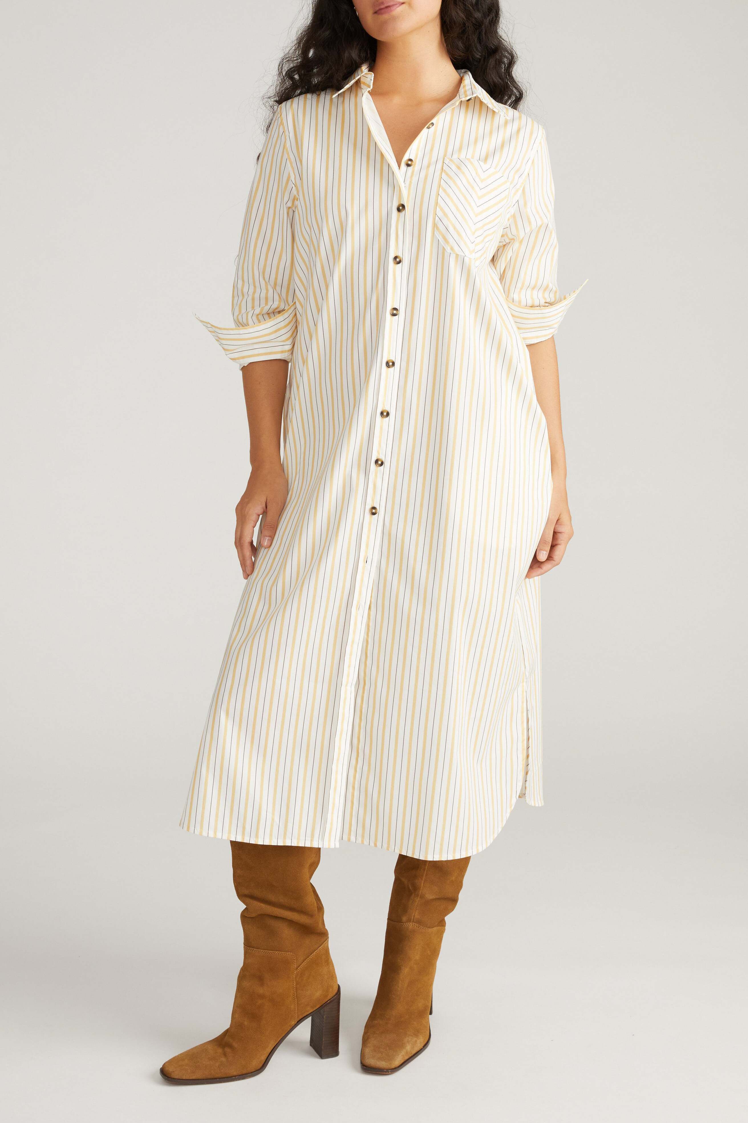 Women's Plus Size Odeon Stretch Poplin Shirtdress, Yellow Multi Stripe / multi, hi-res image number 0