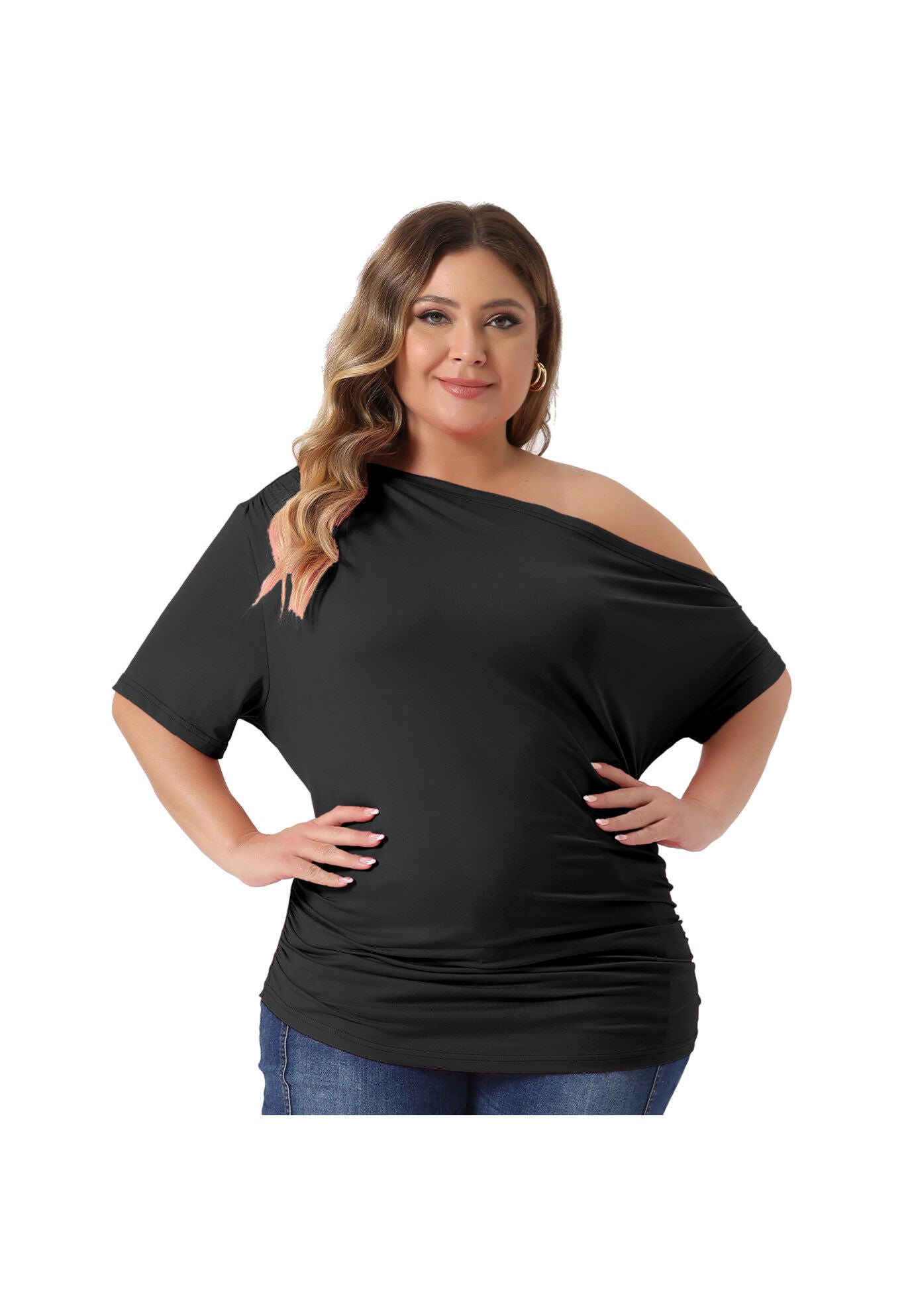 ONE SHOULDER SHORT SLEEVE RUCHED TOP, Black / Black, alternate image number 1