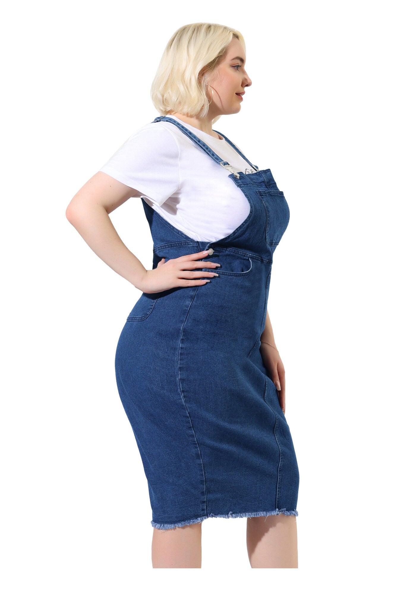 ADJUSTABLE STRAP BACK SLIT DISTRESSED DENIM OVERALL DRESS, Dark Blue / Navy, alternate image number 3