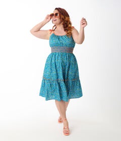 Smak Parlour Plus Size Blue Ditsy Floral Tiered Cotton Flare Dress