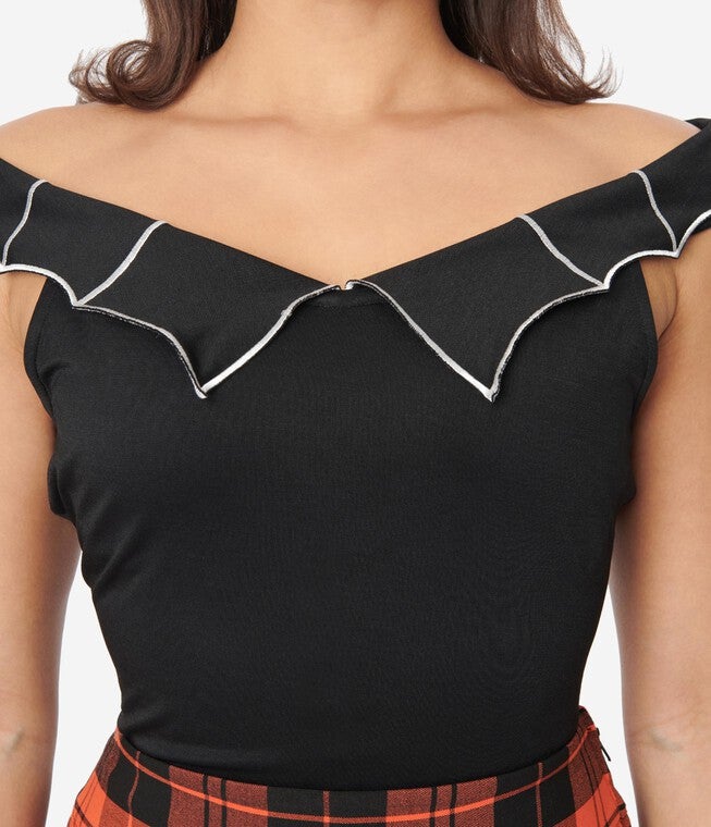 Unique Vintage Black & White Web Off the Shoulder Top, Black / Black, alternate image number 1