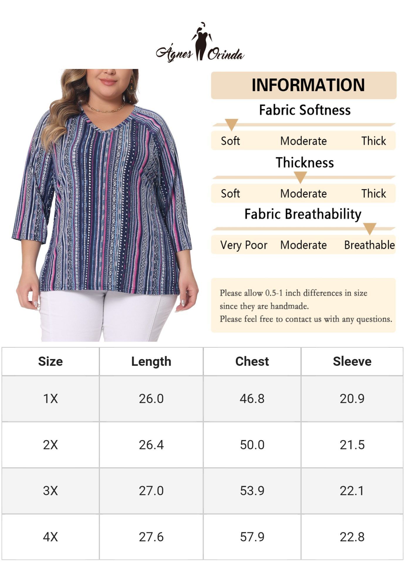 3/4 Sleeve Knit Blouse Tee Stripe Boho Top, Navy Blue / Navy, alternate image number 4