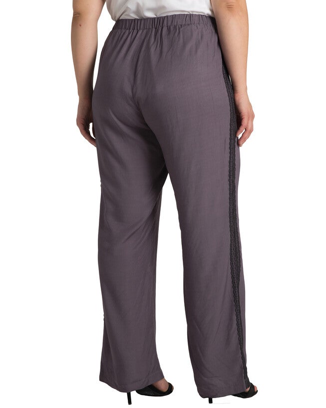 Plus Size Solid Wide Leg Rayon Twill Palazzo Pants With Lace Tuxedo Stripe, DARKPURPLE / Purple, alternate image number 2