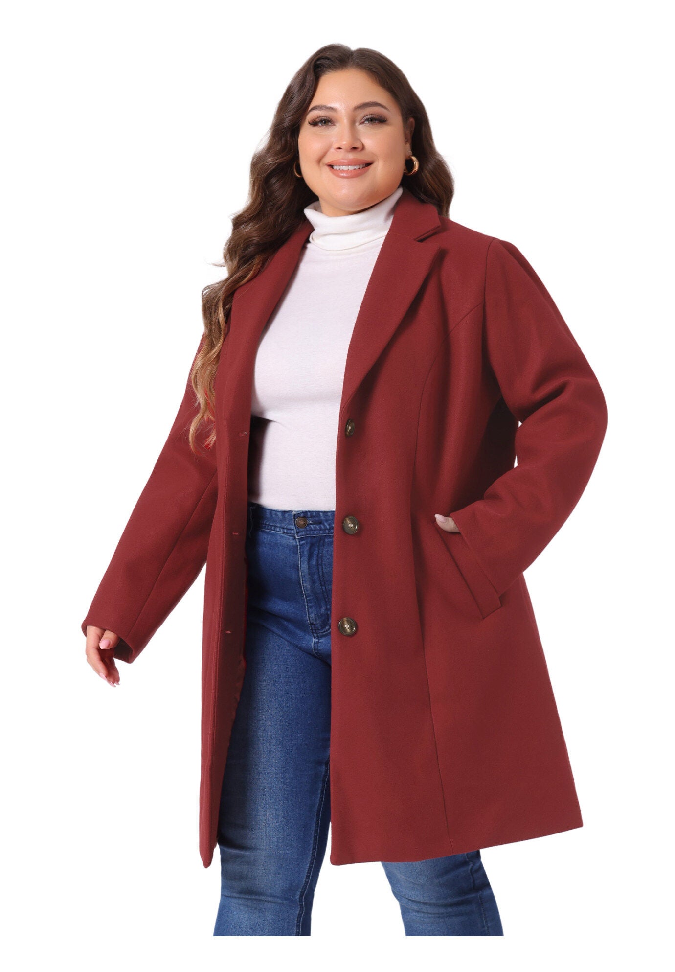 SINGLE BREASTED NOTCHED LAPEL LONG WINTER COAT, Dark Red / Red, alternate image number 2