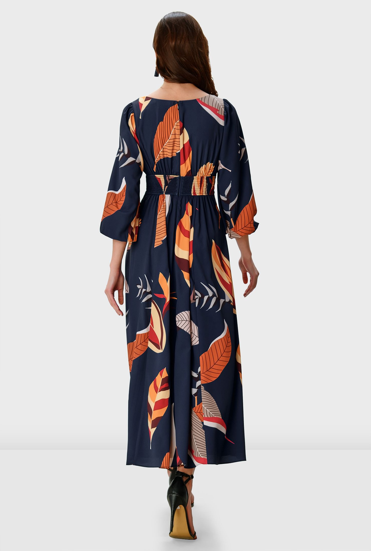 Leaf Print Crepe Banded Empire Dress, Navy / Navy, alternate image number 3
