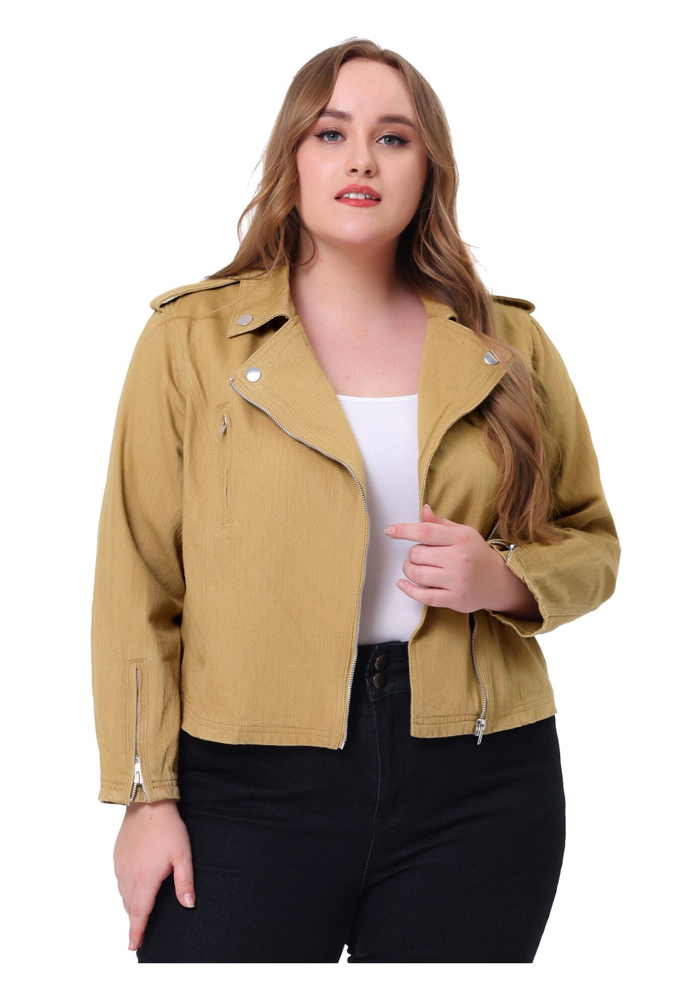 COLLAR INCLINED ZIP CLOSURE DENIM BIKER MOTO JACKET, Khaki / Brown, alternate image number 2