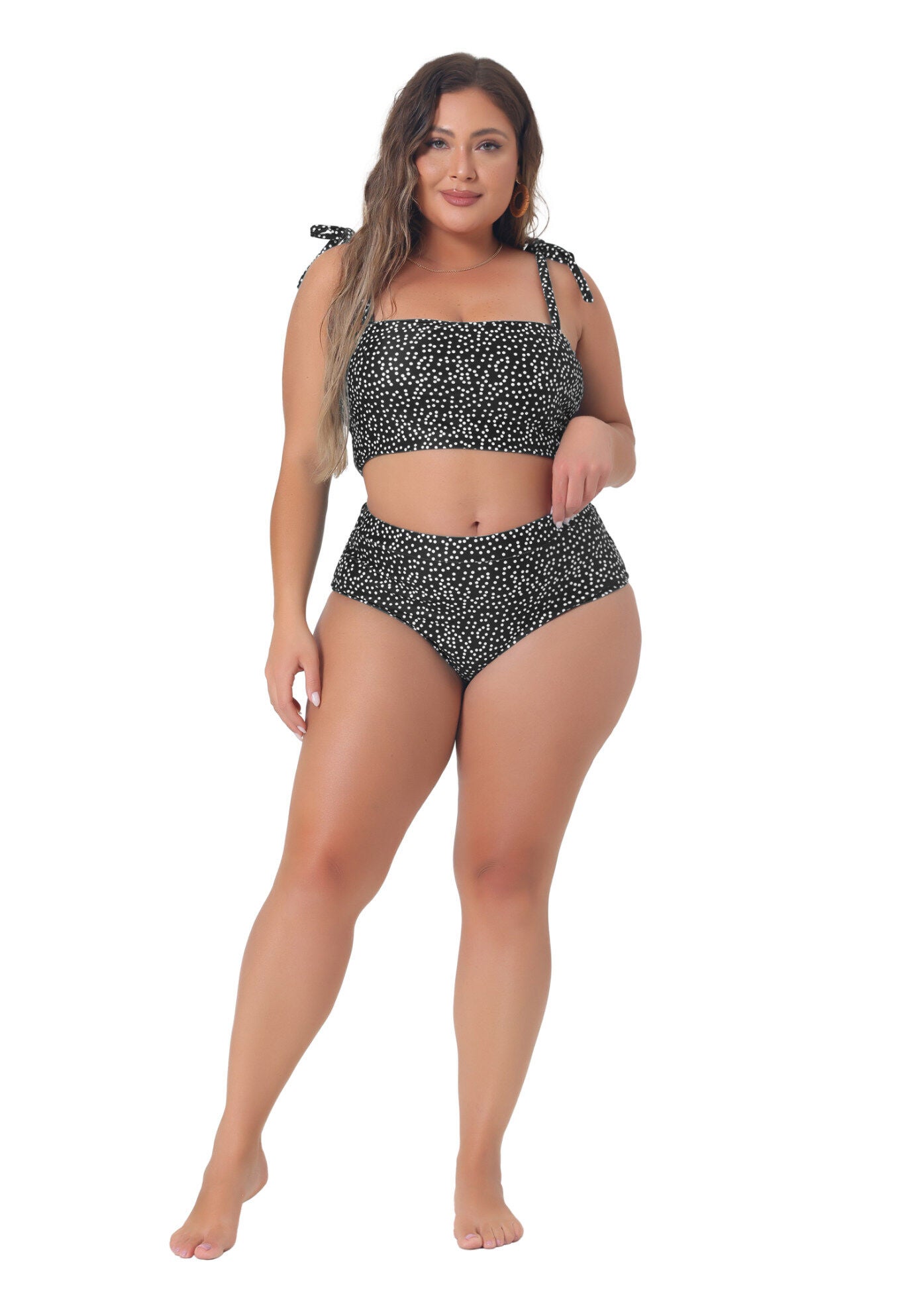 Two Piece Swimsuit Polka Dots Bikini Bandeau, Black / Black, hi-res image number 0