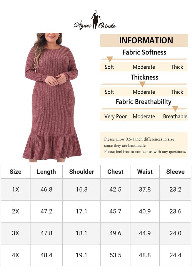 Ribbed Knit Long Sleeve Crew Neck Ruffled Hem Midi Dress, Purple Red / Purple, alternate image number 4