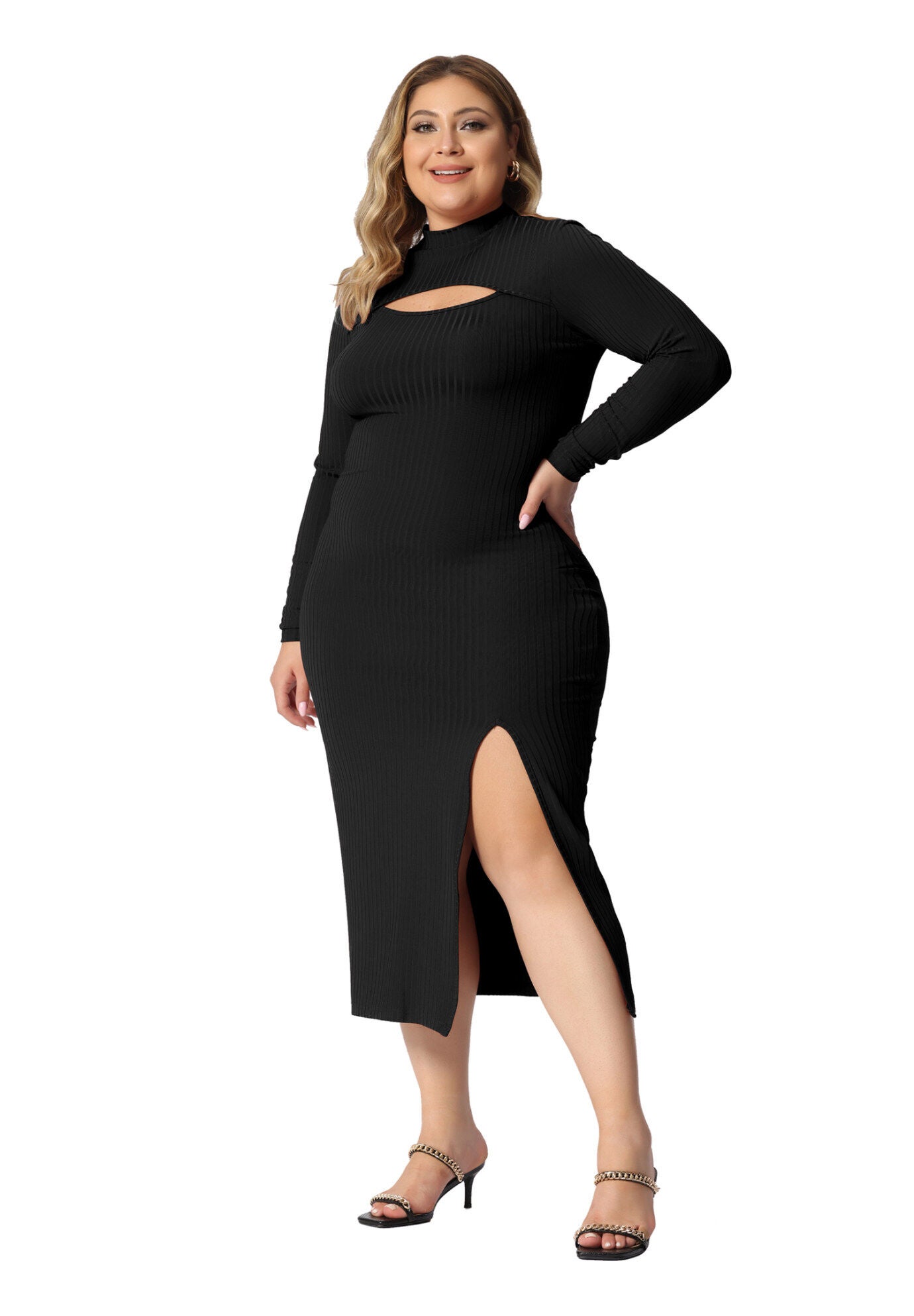 Round Neck Cut Out Front Knee Bodycon Dress, Black / Black, hi-res image number 0