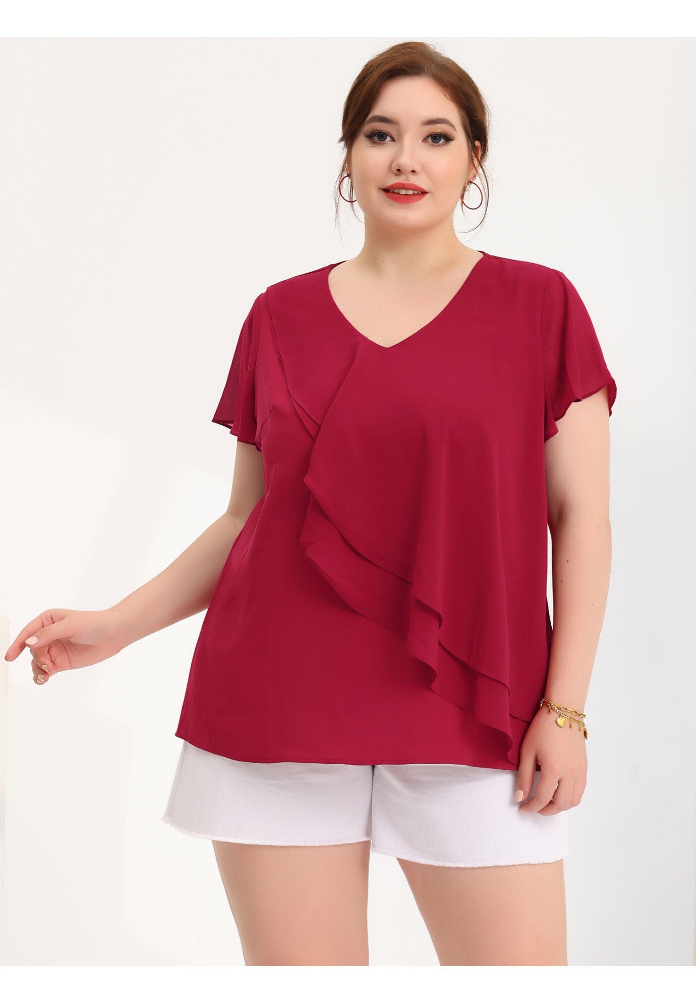 Flutter Sleeves Blouse V Neck Layer Chiffon Ruffle Top, Burgundy / Burgundy, hi-res image number 0