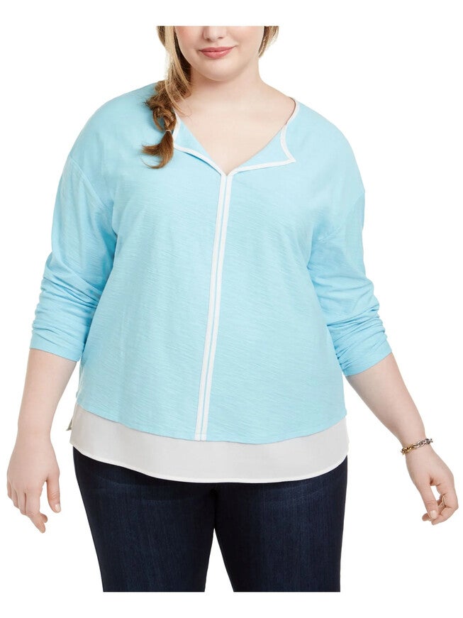 Tommy Hilfiger Women's Plus Knit Contrast Trim Top Blue Size 2X, Blue / Navy, hi-res image number 0