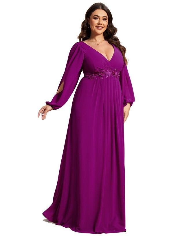 Chiffon V-Neckline Long Sleeve Formal Evening Dress, Fuchsia / Purple, alternate image number 3