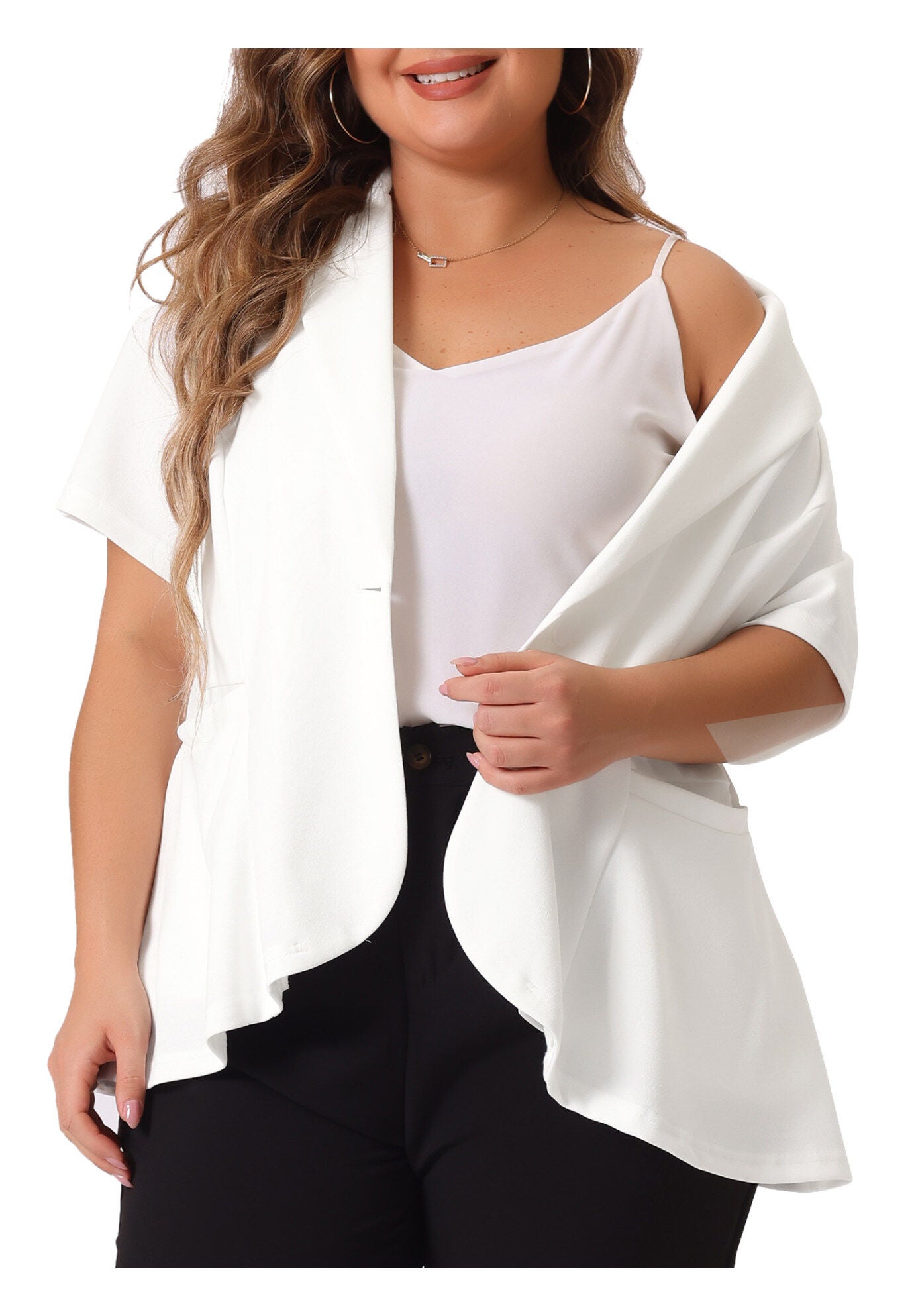 SHORT SLEEVE BUTTON BUSINESS SUIT BLAZER, White / White, alternate image number 2