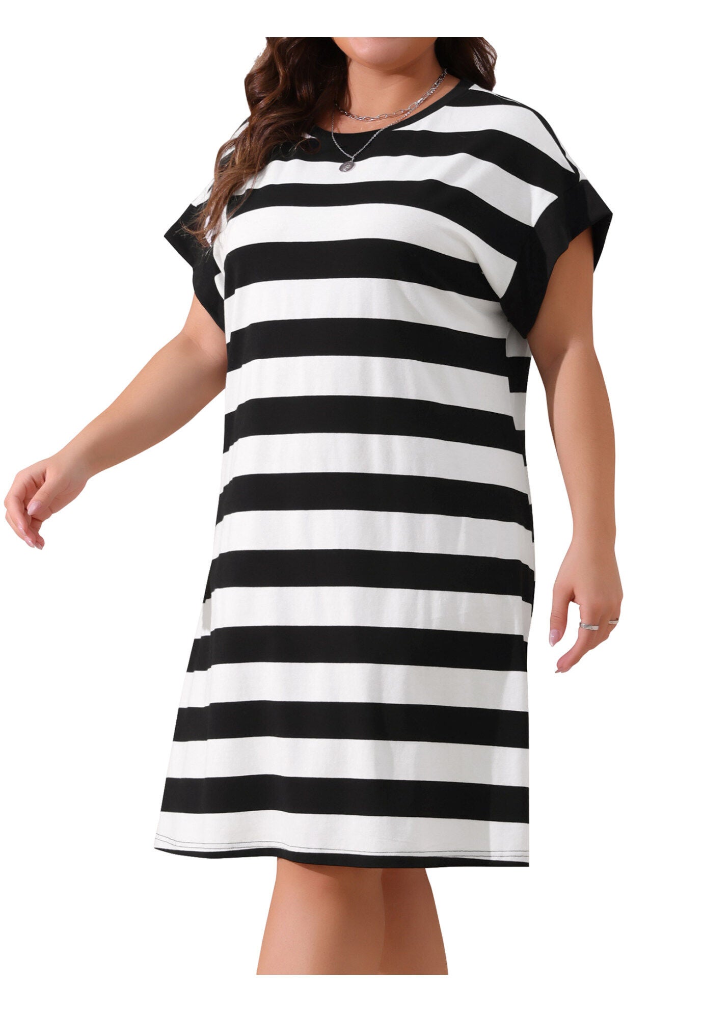 Summer Short Sleeve Striped Casual T Shirt Dress, Black / Black, alternate image number 1
