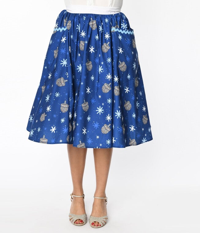 Unique Vintage Blue Hanukkah Print Susannah Swing Skirt, Blue Hannukah Print / Royal Blue, alternate image number 2
