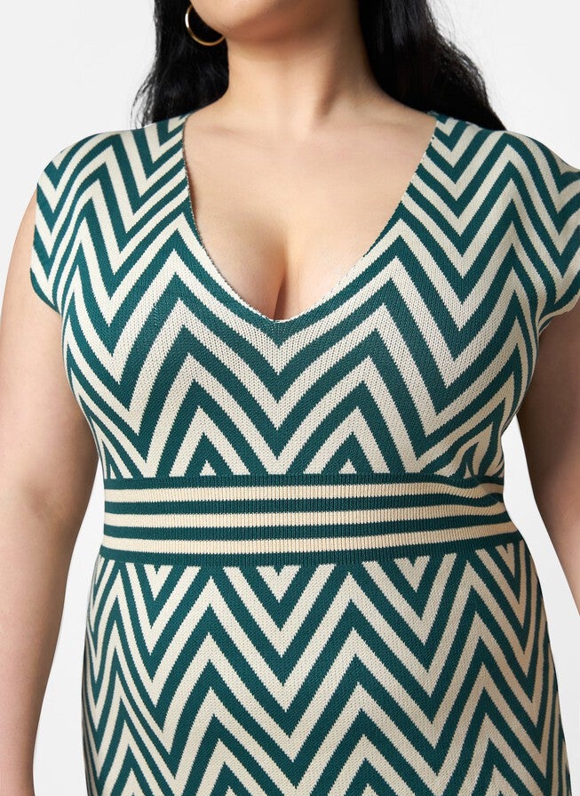 RACHIDA KNIT CHEVRON V NECK BODYCON DRESS, Multicolor / Azure Blue, alternate image number 2