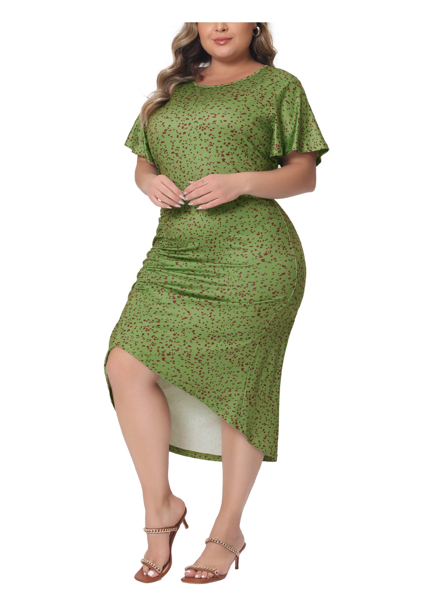 Polka Dots Ruched Round Neck Short Sleeve Wedding Cocktail Bodycon Dress, Green / Forest Green, alternate image number 2